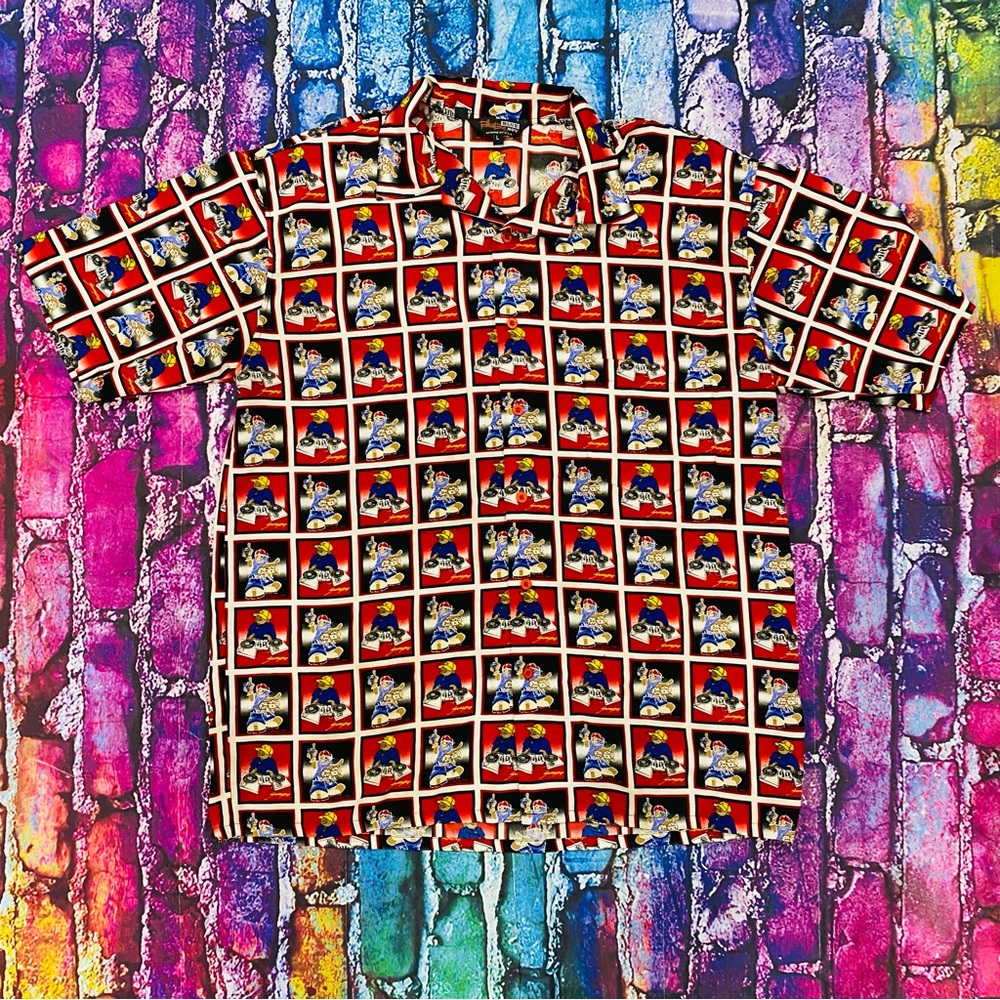 VTG Y2K Blue Boy Lil Homies DJ All Over Print SS Button Up Shirt size Large